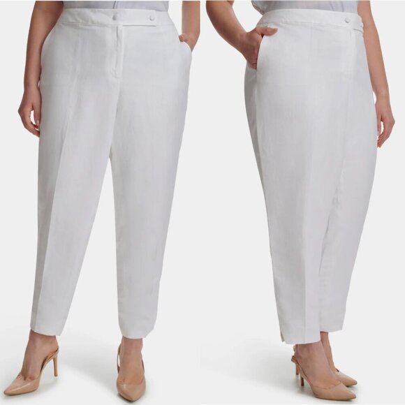 NWT Calvin Klein Linen-Blend Straight Slim Leg Side Slit Hem Ankle Pants White - Picture 1 of 4